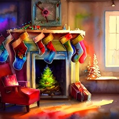 The fireplace is flanked by two large red stockings, hung with care. In front of the fire burned a yule log, crackling and spitting sparks. Above the mantle was a sprig of mistletoe, and around
