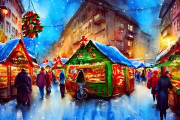 The Christmas market is busy with people talking and laughter. The air smells of pine trees and cinnamon. Music is playing in the background. The market stalls are decorated with lights and garlands. 