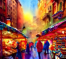 The Christmas market is bustling with people, the air filled with the smell of roasted chestnuts and mulled wine. Little wooden stalls line the square, selling festive decorations and handmade toys. T