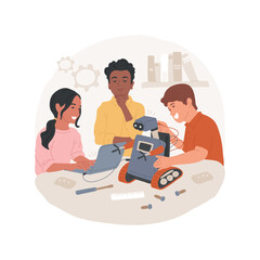 Robotics club isolated cartoon vector illustration. Group of young teens making robot, middle school tech activity, robotics student club, engineering project, programming skill vector cartoon.