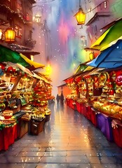 Obraz premium The Christmas market is bustling with people and the air is thick with the smell of cinnamon. The stalls are decorated with lights and there's a feeling of excitement in the air.