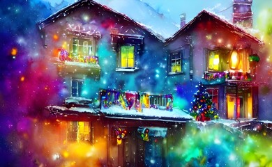 The house is covered in a layer of snow, and the Christmas decorations are shining brightly. The lights on the tree sparkle and the presents underneath it are wrapped neatly with bows.