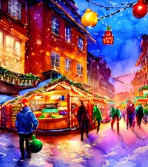 The Christmas market is bustling with people and stalls. The smell of roasted chestnuts wafts through the air, and laughter echoes throughout the square. Children run around excitedly while their pare