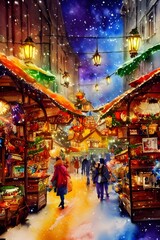 The market is bustling with people and the air is thick with the smell of cinnamon. Strings of lights illuminate the market stalls, which are selling everything from handcrafted goods to traditional C