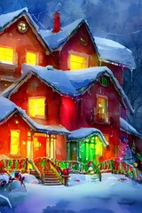 The house is decorated with Christmas lights and ornaments. There is a wreath on the door and presents around the tree.