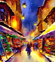 The Christmas market is bustling with people and alive with lights. The stalls are full of festive treats and gifts, and the air is thick with the smell of mulled wine and spices. The atmosphere is el