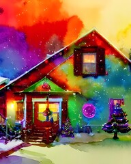 The front of the house is covered in red and green lights. A giant wreath hangs on the door, and fake snow has been sprayed all over the windows.