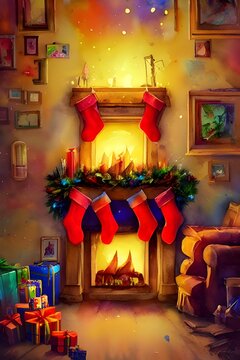 It's Christmastime, and the fireplace is adorned with all sorts of holiday decorations. There's a big red stocking hanging from the mantel, garlands draped around the mirror above the fireplace, and c