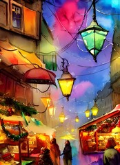 The Christmas market is bustling with people, the air filled with the smell of cinnamon and cloves. Strings of lights twinkle overhead, casting a warm glow over everything. The stalls are laden with f