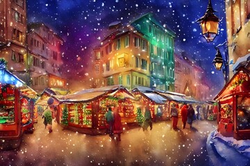 It's a beautiful Christmas market evening. The air is chilly and the lights are twinkling. There's a warm, festive feeling in the air. People are strolling around, enjoying the sights and sounds of th