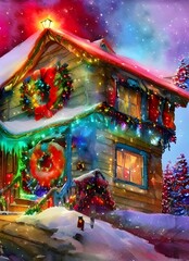 Fototapeta premium The house is adorned with Christmas decorations. There is a giant wreath on the door and string lights around the perimeter of the roof. A few reindeer sit on the lawn, and a Santa Claus figure waves 
