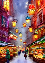 The Christmas market is bustling with people, the air filled with the scent of roasting chestnuts and mulled wine. The stalls are decorated with twinkling lights, and there's a feeling of excitement i