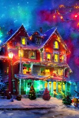 Obraz premium The house is decorated for Christmas with lights on the eaves and a wreath on the door. In the windows are candles, and there is holly garland around the fireplace. presents are piled under the tree, 