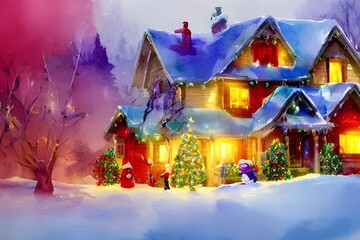 Naklejka premium It's the middle of December and houses in the neighborhood are getting into the holiday spirit. Many have blow-up Santas and snowmen in their yards, string lights around their eaves, and wreaths on th