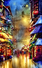 Obraz premium The Christmas market is full of people and the atmosphere is festive. The stalls are decorated with lights and there are pine trees everywhere. The smell of mulled wine and roasted almonds fills the a