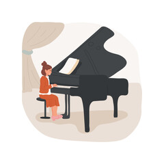 Piano solo performance on stage isolated cartoon vector illustration. Classical piano and orchestra classes, child performing on stage, reading music, fundamental musical skills vector cartoon.