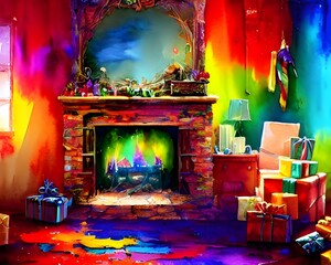 It's Christmastime, and the fireplace is adorned with holiday decor. A garland of greenery and red bows cascades down the mantel, while a few sprigs of holly peek out from behind the stock
