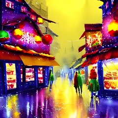The Christmas market is all aglow with colorful lights. Citizens stroll through the festive stalls, sipping on cups of hot cocoa and shopping for presents. The air is thick with the scent of cinnamon 