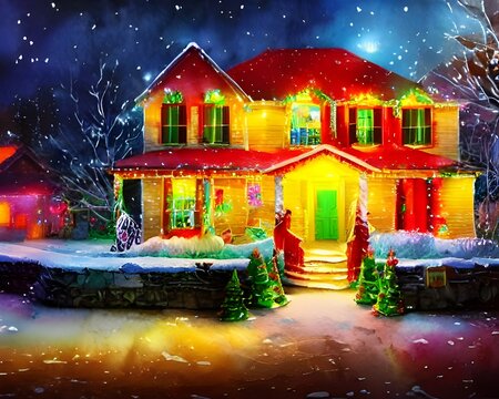 In the picture, there are Christmas decorations on a house. The decorations include a wreath on the door, lights around the windows, and a Santa Claus figure in the yard.