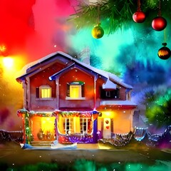 It's the holiday season and houses are adorned with twinkling lights and festive decorations. This particular house has a wreath hung on the door, garlands draped across the windows, and a tree in the