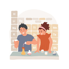 Learning chemical reactions isolated cartoon vector illustration. Students observe chemical reaction, making lab experiment, periodic table on the wall, middle school chemistry vector cartoon.