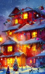 In the picture, there are Christmas decorations on a house. There is a wreath on the door and lights around the windows.