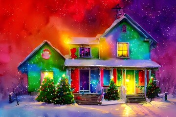 The snow is falling gently outside and the house is decorated with sparkling lights and colourful baubles. The Christmas tree stands in the corner of the room, its branches laden with presents. The fi