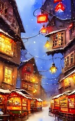 Obraz premium People are milling around the Christmas market, taking in the sights and sounds of the season. The air is filled with the smell of cinnamon and pine, and there's a feeling of excitement in the air. Th