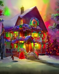 The house is adorned with holiday lights and garland. A big, red bow hangs from the front door. The Christmas tree in the living room window sparkles with ornaments and tinsel.