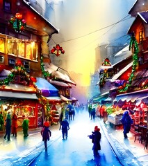 Obraz premium The air is full of the smell of cinnamon and gingerbread. Brightly coloured lights illuminate the stalls selling handmade trinkets and hot food. The ground is covered in a thin layer of snow, which cr