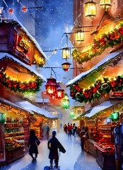 Obraz premium The Christmas market is bustling with people, all eager to find the perfect gifts for their loved ones. The smell of roasted chestnuts and gingerbread fills the air, making everyone feel warm and fest