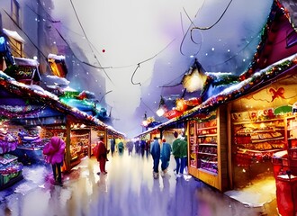 It's Christmas market evening, and the air is full of the scents of roasted chestnuts and pine trees. The twinkling lights of the market stalls reflect off the snow-covered cobblestones, and people ar