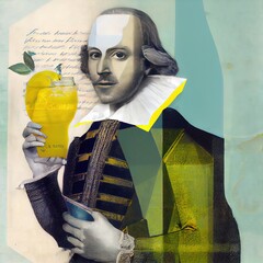 Shakespeare drinking lemonade illustration generated with Artificial Intelligence - obrazy, fototapety, plakaty