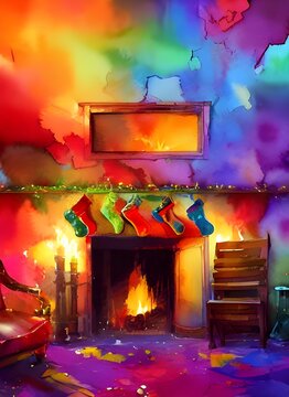 The fireplace is decorated for Christmas with miniature houses, wreaths of holly, and lights. A stack of presents sits in front of the fire, ready to be opened on Christmas Day.