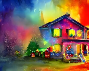 It's a cold winter evening and the family is gathered around the fire. The house is decorated with garlands, lights, and a giant Christmas tree. presents are piled high under the tree. The atmosphere 