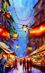 Fototapeta premium The market is full of people and the air is thick with the smell of mulled wine and gingerbread. The stalls are decorated with fairy lights, adding to the festive atmosphere. There's a real sense of m