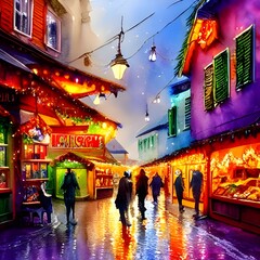 The Christmas market is bustling with people. The air is cold and the smell of cinnamon wafts through the crowd. Strings of lights illuminate the stalls selling handmade gifts, hot chocolate, and roas
