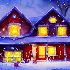 The house is covered in snow and has Christmas lights wrapped around the porch. There is a wreath on the door, and Santa Claus figurines in the yard.