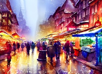 It's Christmas market evening, and the whole town is alive with lights and people. The markets are full of stalls selling everything from food to trinkets, and the air is thick with the smell of cinna