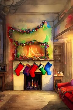 Merry Christmas written in gold above the fireplace. A big red stocking hangs on the mantle next to a plate of cookies and a glass of milk. A small fire burns in the fireplace, providing warmth and li
