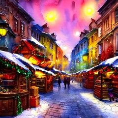 Fototapeta premium It's Christmas market evening and the air is alive with the sound of carols, laughter and excitement. The stalls are illuminated with fairy lights and filled with festive treats and gifts. There's a w