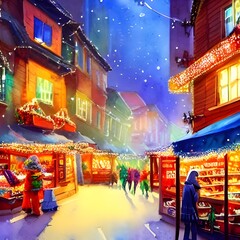 The Christmas market is open for the evening, and people are milling around looking at all of the unique stalls. The smell of roasted almonds and sweet mulled wine fills the air, while festive music f