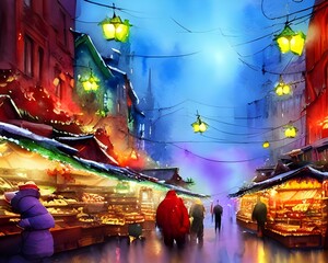 The Christmas market is bustling with people and the air is filled with the scent of gingerbread and mulled wine. The lights twinkle in the trees, casting a warm glow over everything. Families are lau