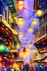 The air is thick with the scent of gingerbread and pine, and the sounds of laughter and carols fill the air. The market stalls are all aglow with fairy lights, and each one is brimming with festive tr