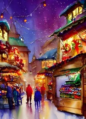 The Christmas market is bustling with people. The twinkling lights of the stalls reflect off the frosty ground. The smell of roasted nuts and gingerbread fills the air. Children laugh as they skate on