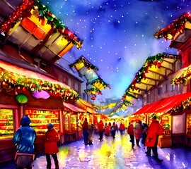 The Christmas market is bustling with people and the air is filled with the smell of gingerbread. The stalls are decorated with fairy lights and there's a big wheel towering over everything. It's gett