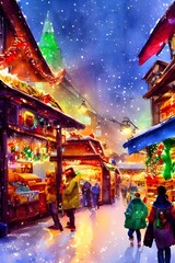 Obraz premium The Christmas market is bustling with people and the air is filled with the smell of roasted chestnuts. The stalls are decorated with fairy lights and there's a festive atmosphere in the air.