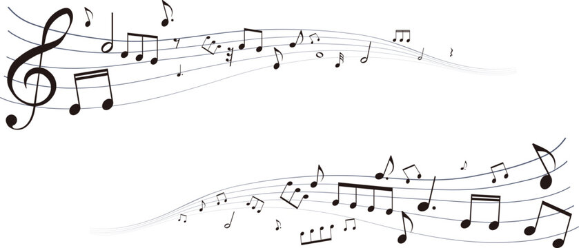 遠近感のある楽譜のフレームイラスト　五線譜　背景イラスト　音符、休符、音楽記号のイラスト	