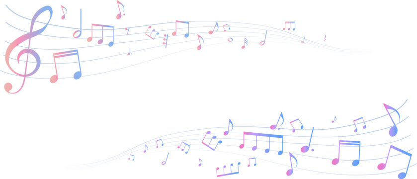 カラフルな遠近感のある楽譜のフレームイラスト　五線譜　背景イラスト　音符、休符、音楽記号のイラスト	