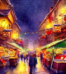 It's Christmas market evening, and the air is alive with the sound of carols and laughter. The stalls are decked out with holly and ivy, and there's a real feeling of festive cheer in the air.